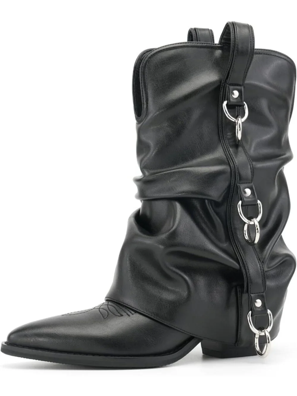 Women's Retro Black Rubber Calf High and Pointed Toe Slouchy Riding Boots